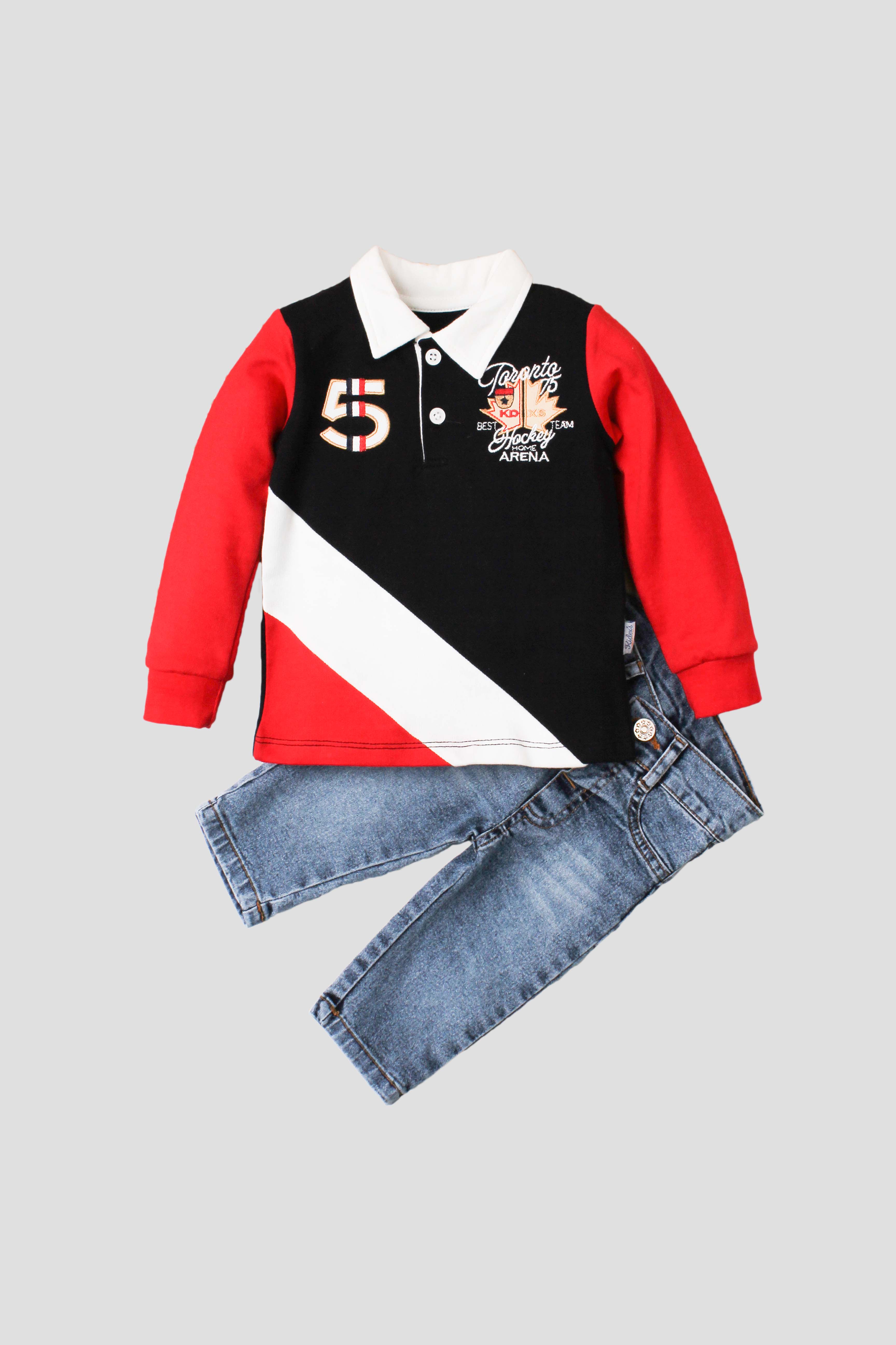 Erkek Bebek Polo Yaka Renkli Sweatshirtlü Kot Pantolonlu 2'li Spor Takım 9 24 Ay